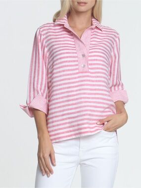 NWT Hinson Wu “Aileen” 3/4 Sleeve Collared Shirt in Bright Pink Stripe Sz 4